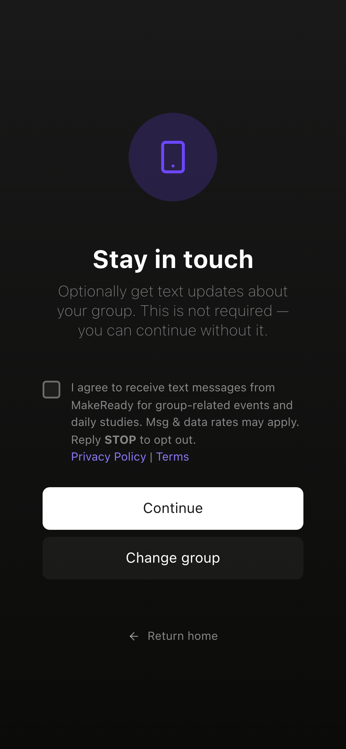 Step 2 — SMS consent screen with an optional, unchecked checkbox, exact Twilio consent copy, and Privacy/Terms links.