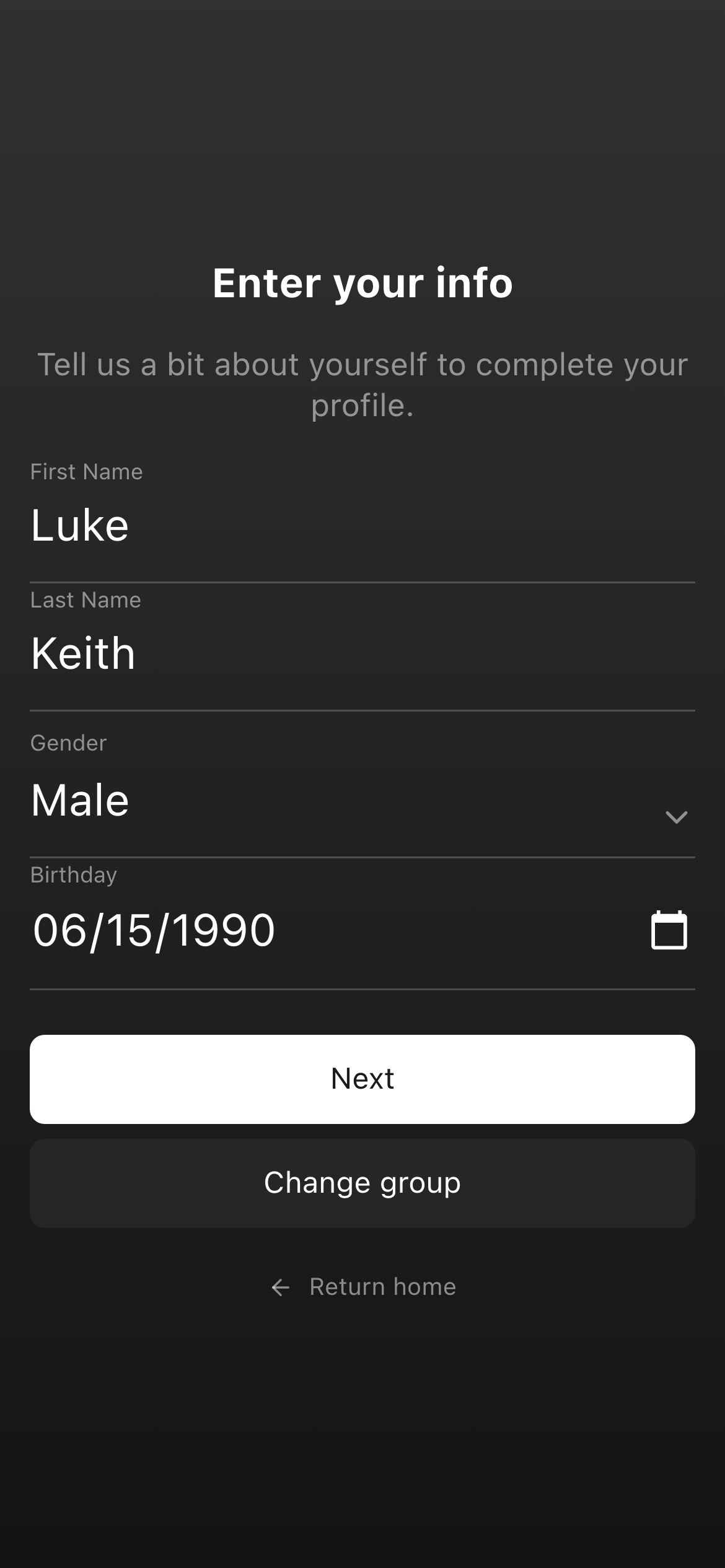 Step 3 — Profile entry screen.