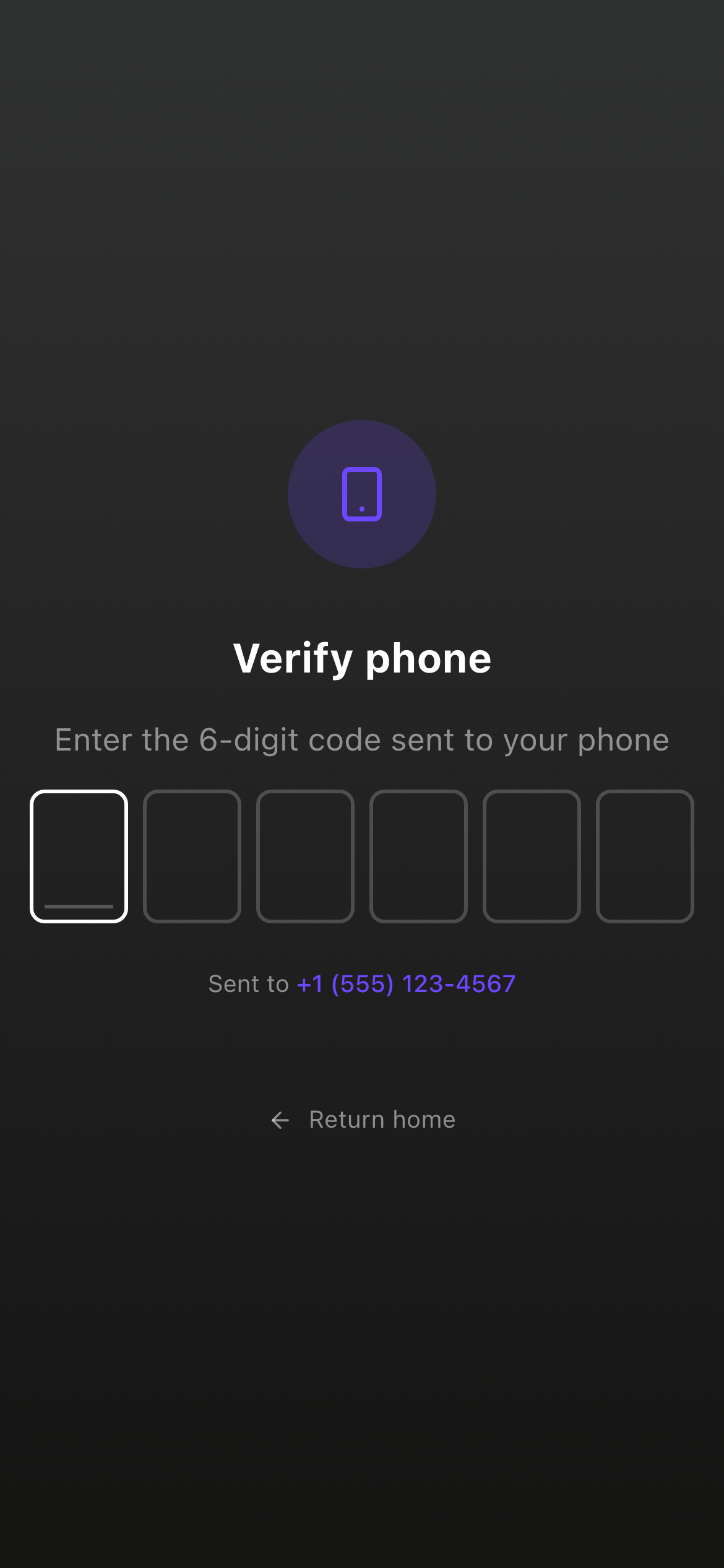 Step 5 — Verification code entry screen.